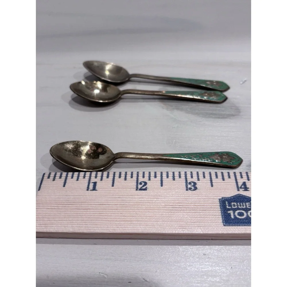 VTG Siam Thailand Demitasse Spoons Set 3 Brass Buddha Green Enamel Nickel Bronze